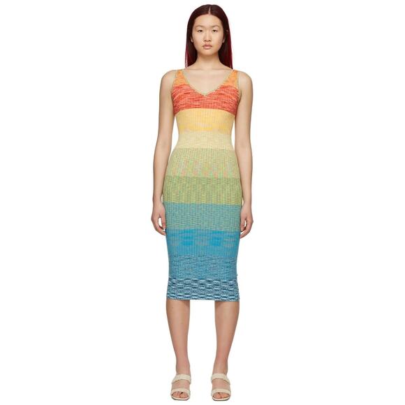 STAUD Dana Space-Dye Stripe Ribbed Knit Sleeveless Midi Dress Size Small